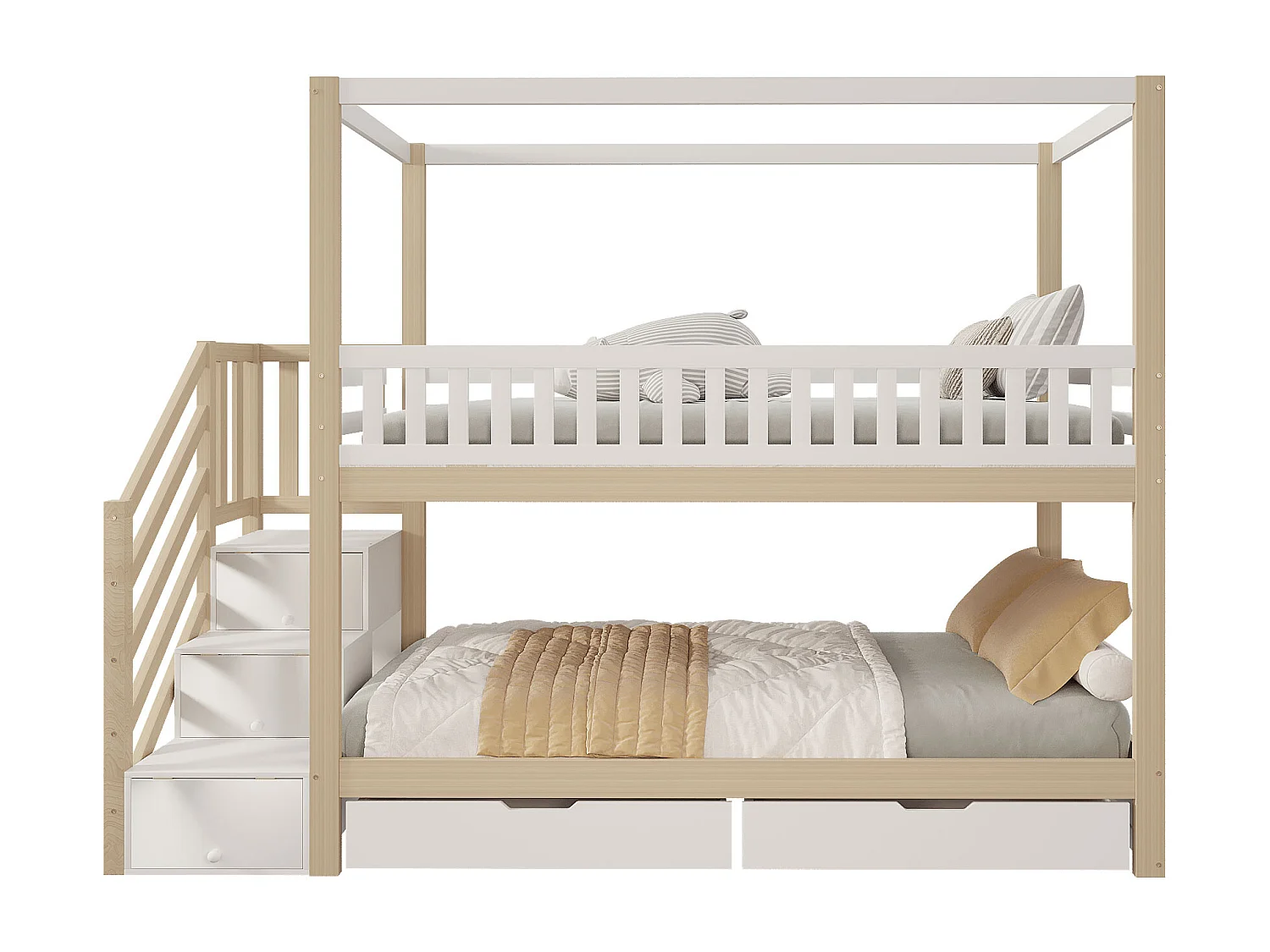 Lit superposé enfant 90x200 cm, lit double bois massif, forme maison, garde-corps sécurité, rangements et échelle, blanc et bois naturel, mixte
