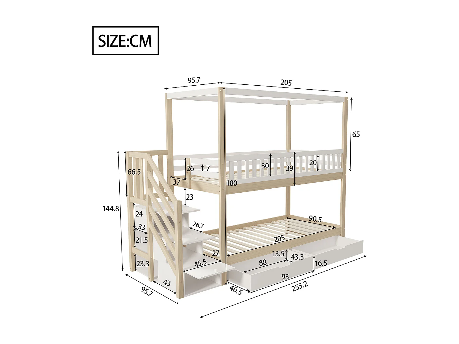 Lit superposé enfant 90x200 cm, lit double bois massif, forme maison, garde-corps sécurité, rangements et échelle, blanc et bois naturel, mixte