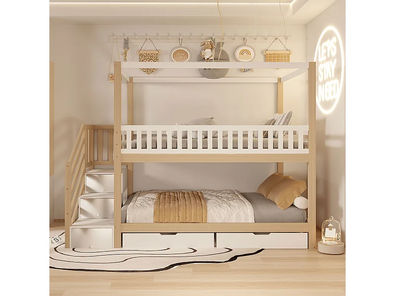 Lit superposé enfant 90x200 cm, lit double bois massif, forme maison, garde-corps sécurité, rangements et échelle, blanc et bois naturel, mixte