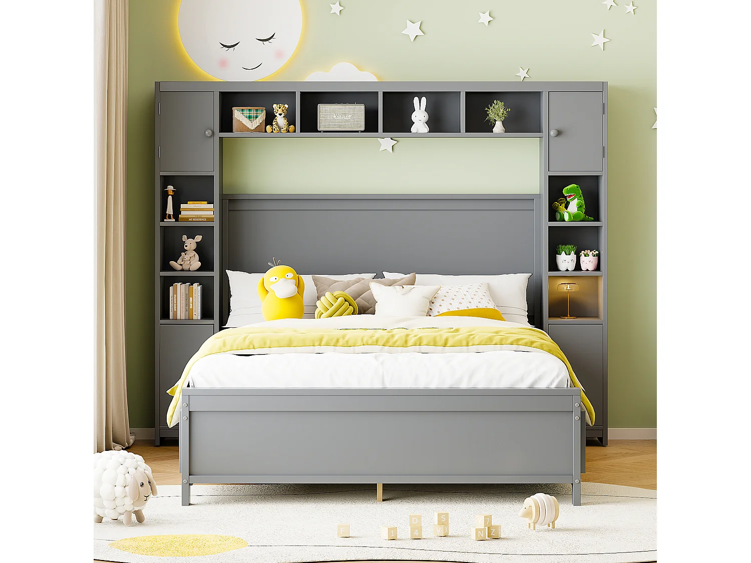 Lit double 140x200 cm en bois massif gris avec 4 tiroirs et armoire intégrée, grand espace de rangement