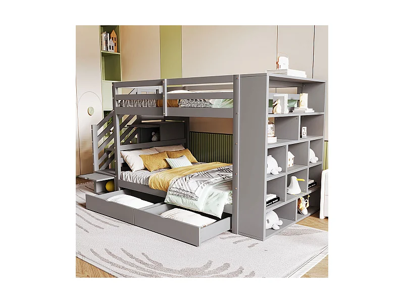 Lit superposé enfant 90x200 cm, échelle sécurisée avec rangements et tiroirs, garde-corps haut, lattenrost, pin, gris