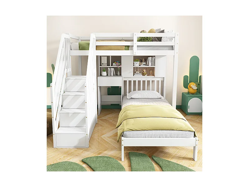Lit mezzanine enfant 90×200 blanc avec bureau, étagères et espace de rangement, sommier inclus