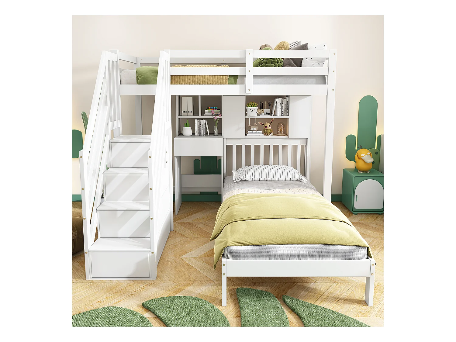 Lit mezzanine enfant 90×200 blanc avec bureau, étagères et espace de rangement, sommier inclus