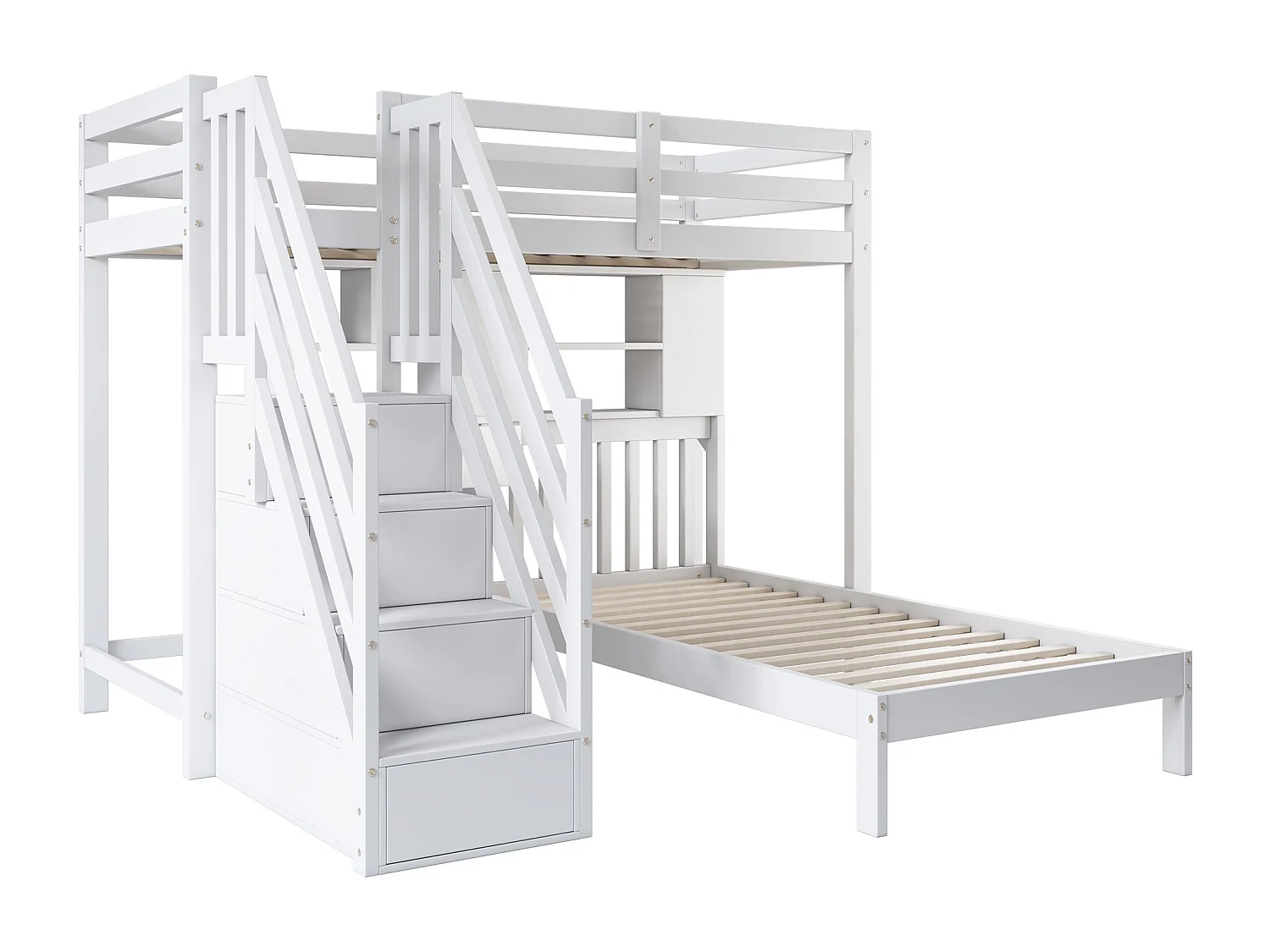 Lit mezzanine enfant 90×200 blanc avec bureau, étagères et espace de rangement, sommier inclus