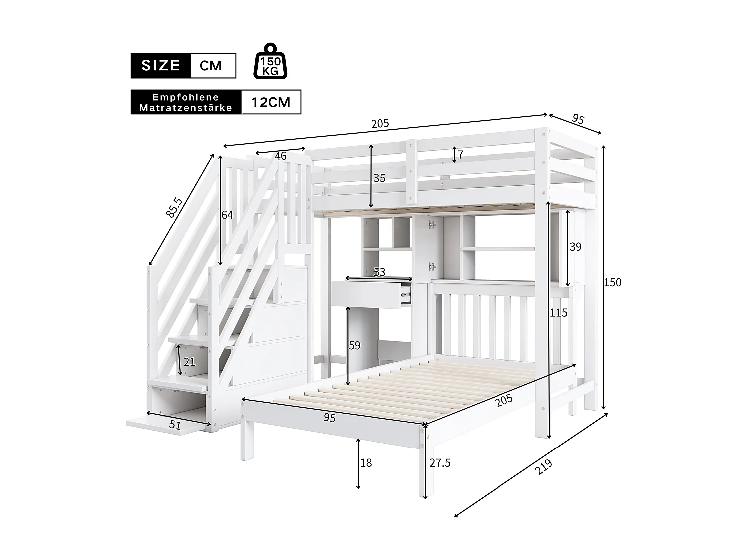 Lit mezzanine enfant 90×200 blanc avec bureau, étagères et espace de rangement, sommier inclus