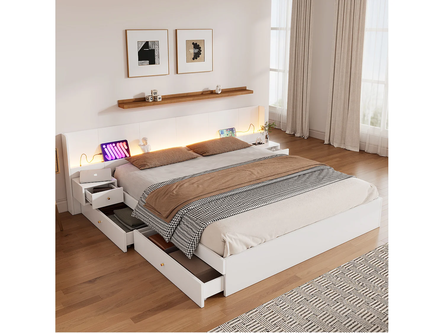 Lit double 180×200 cm blanc, bois, avec port USB, LED, prises, appli mobile, 2 tables de chevet, tiroirs intégrés