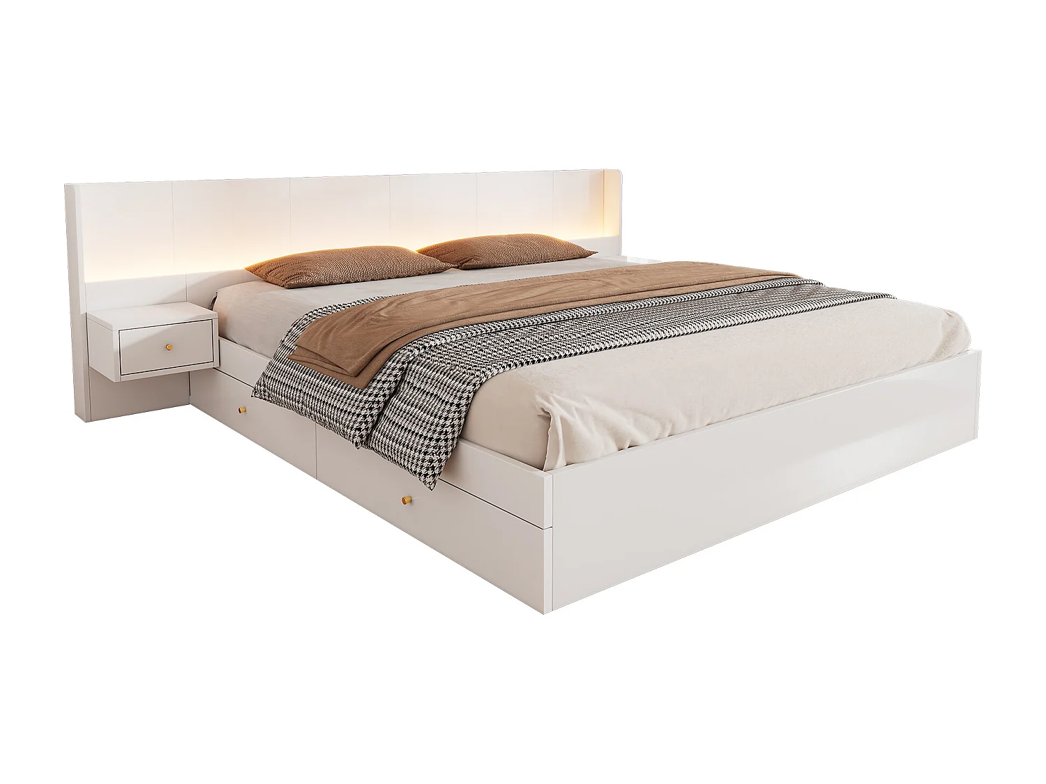 Lit double 180×200 cm blanc, bois, avec port USB, LED, prises, appli mobile, 2 tables de chevet, tiroirs intégrés