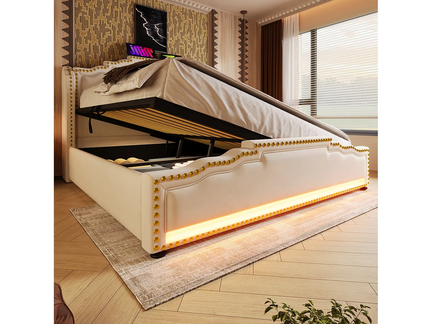 Lit tapissé 160x200 cm double, hydraulique, LED, USB-C, rangement, tissu velours beige, lit jeune (Avec matelas)