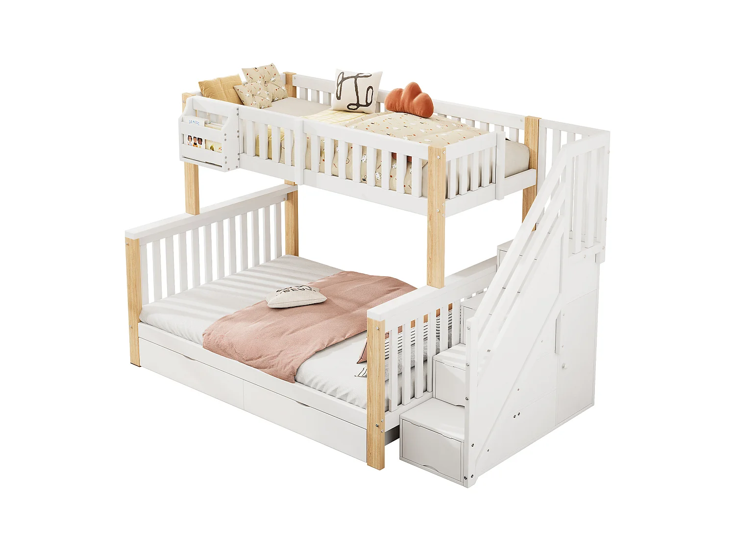 Lit superposé enfant blanc et bois naturel, 90×200 cm, avec panier, tiroirs, escalier rangement et armoire