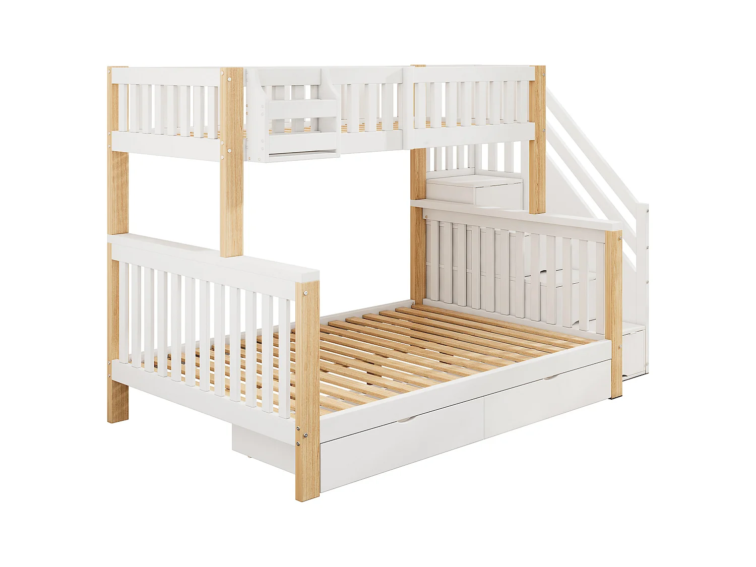 Lit superposé enfant blanc et bois naturel, 90×200 cm, avec panier, tiroirs, escalier rangement et armoire