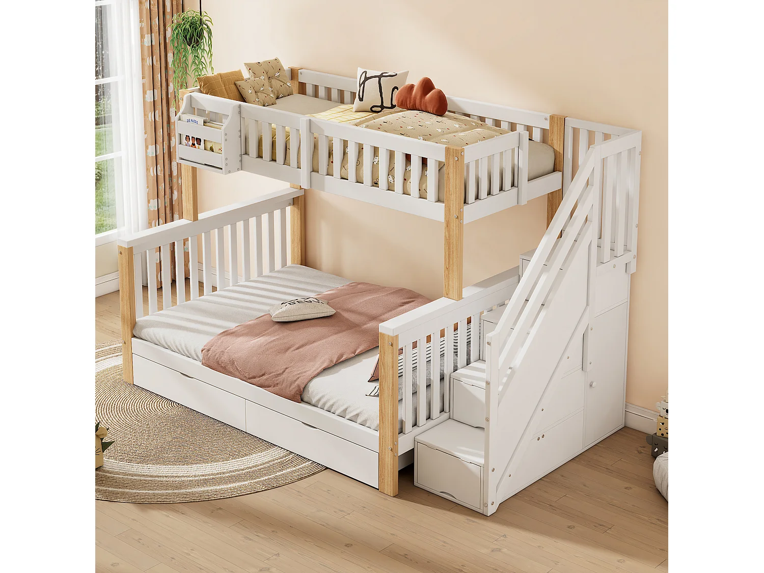 Lit superposé enfant blanc et bois naturel, 90×200 cm, avec panier, tiroirs, escalier rangement et armoire