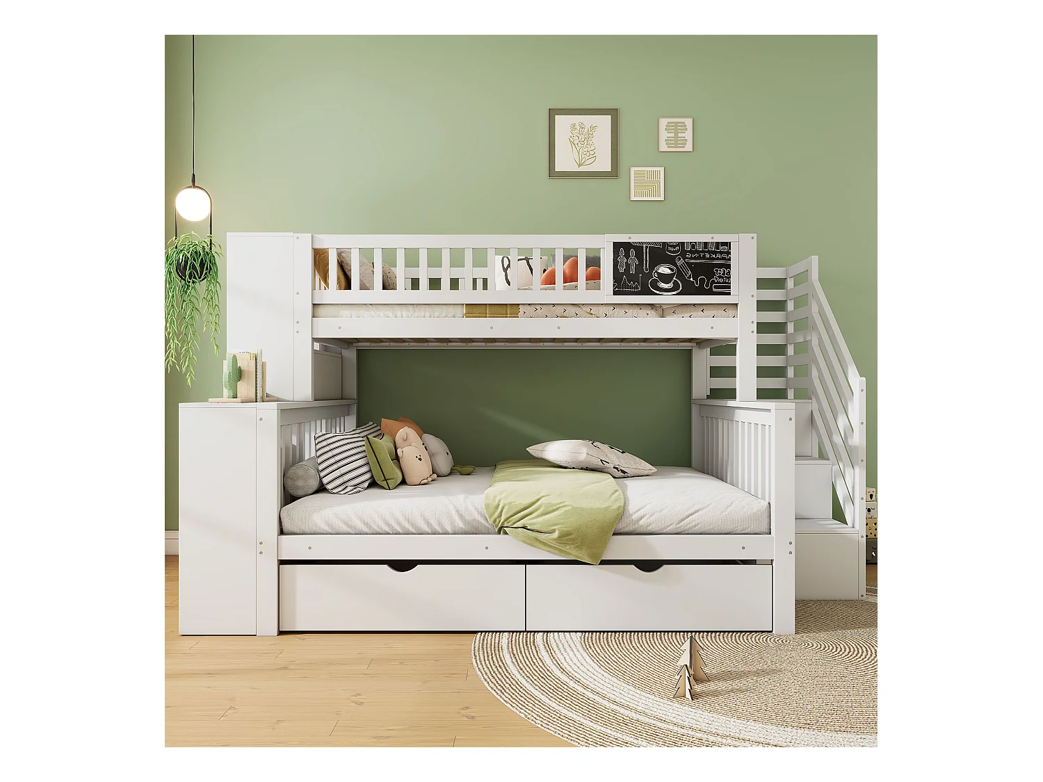 Lit cabane superposé 140×200 & 90×200 cm blanc, avec armoire, tiroirs, escaliers et tableau graffiti, bois MDF