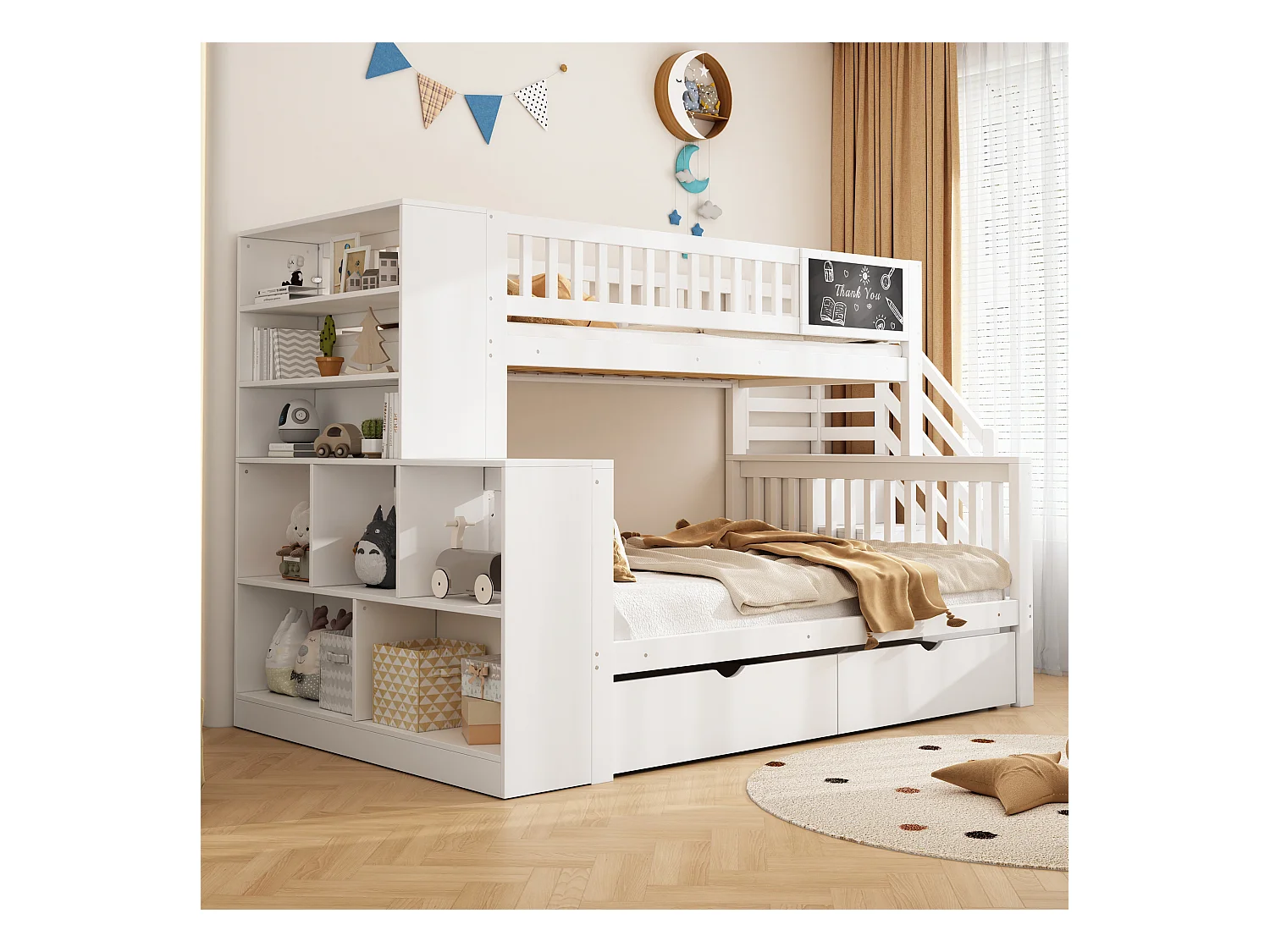Lit cabane superposé 140×200 & 90×200 cm blanc, avec armoire, tiroirs, escaliers et tableau graffiti, bois MDF