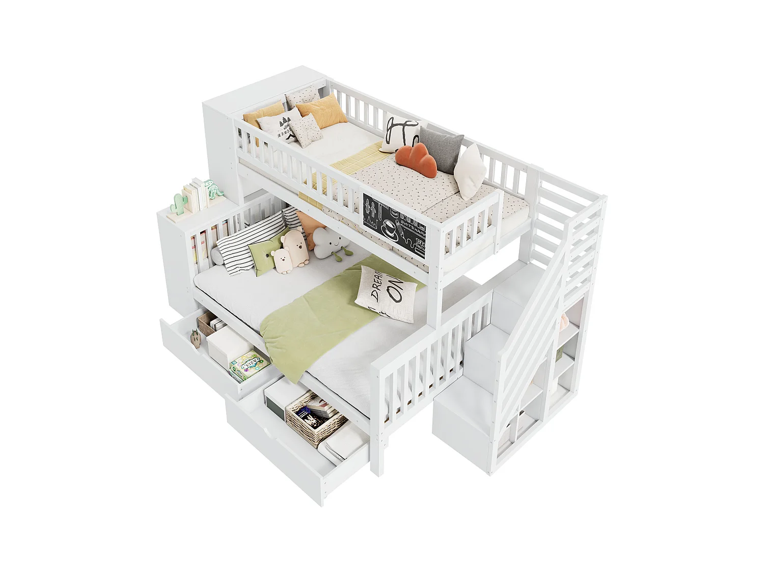 Lit cabane superposé 140×200 & 90×200 cm blanc, avec armoire, tiroirs, escaliers et tableau graffiti, bois MDF