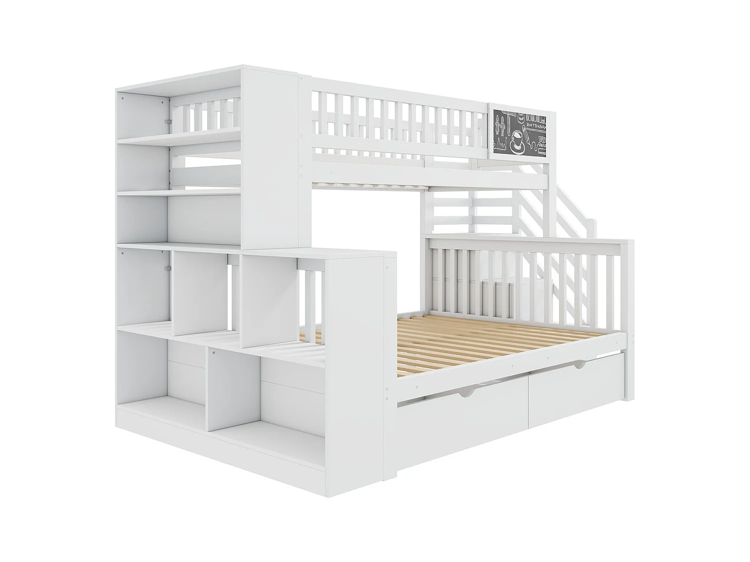 Lit cabane superposé 140×200 & 90×200 cm blanc, avec armoire, tiroirs, escaliers et tableau graffiti, bois MDF