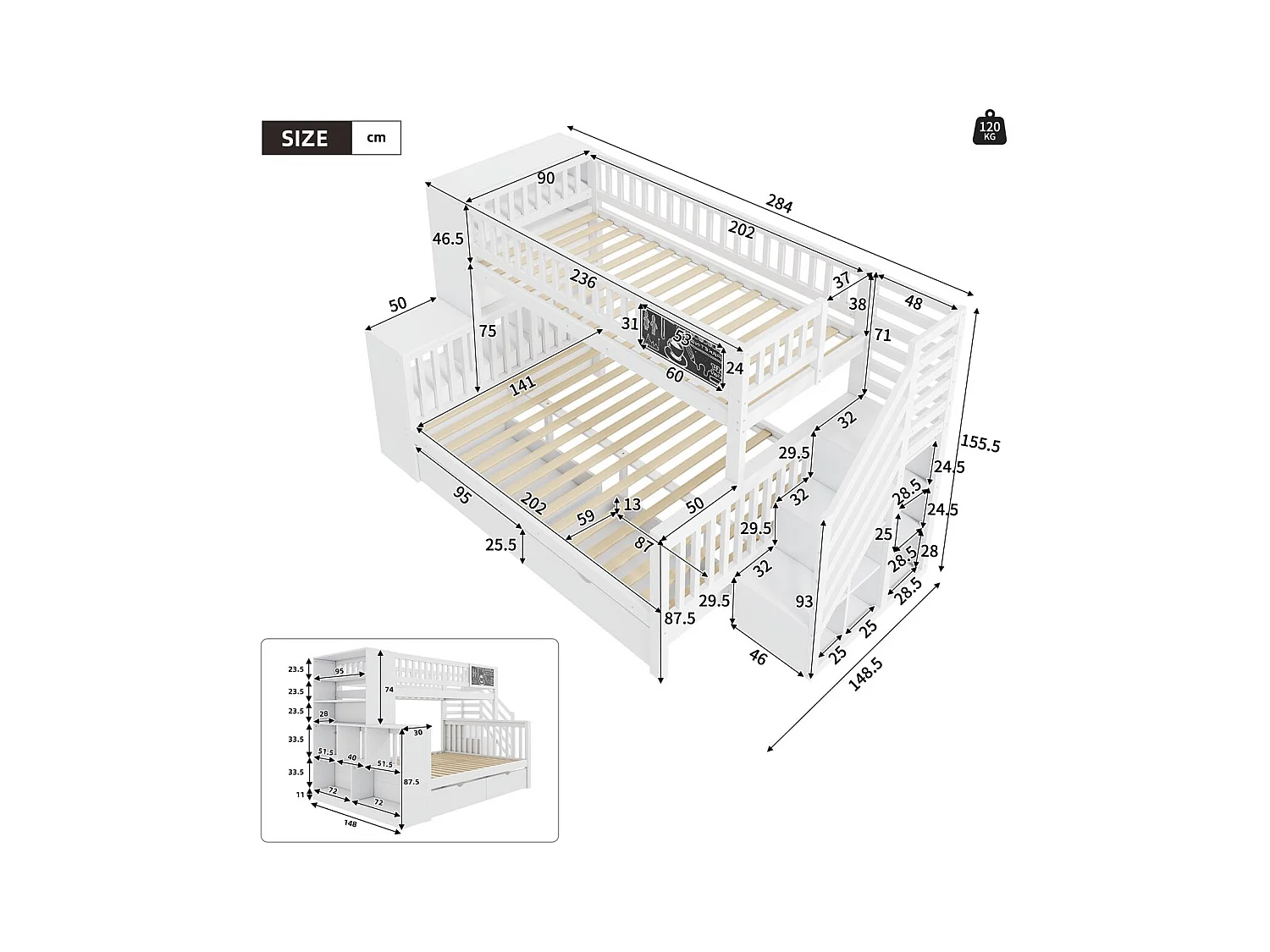 Lit cabane superposé 140×200 & 90×200 cm blanc, avec armoire, tiroirs, escaliers et tableau graffiti, bois MDF