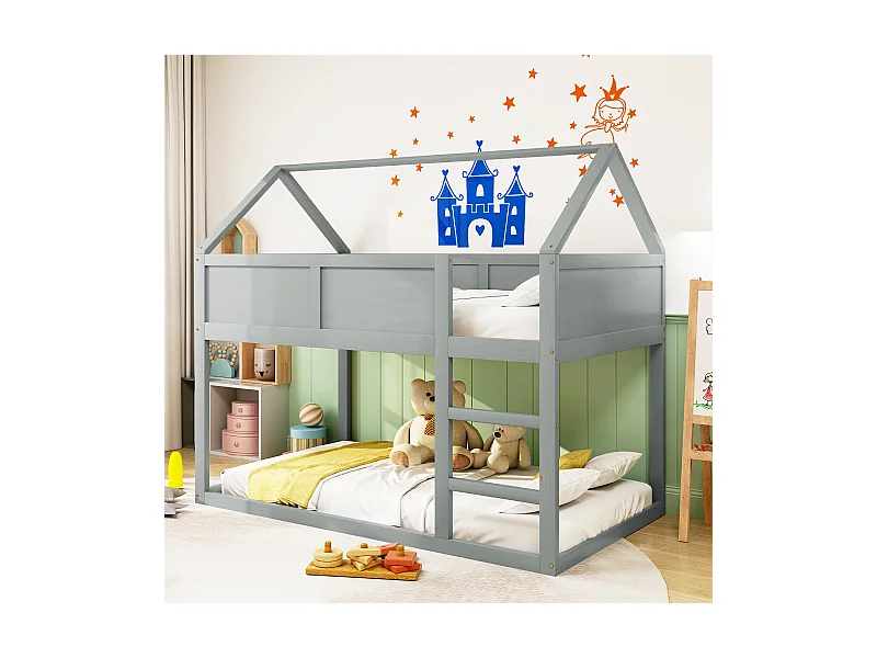Lit superposé enfant 90x200 cm, lit simple bas, lit mezzanine avec échelle, bois massif, gris