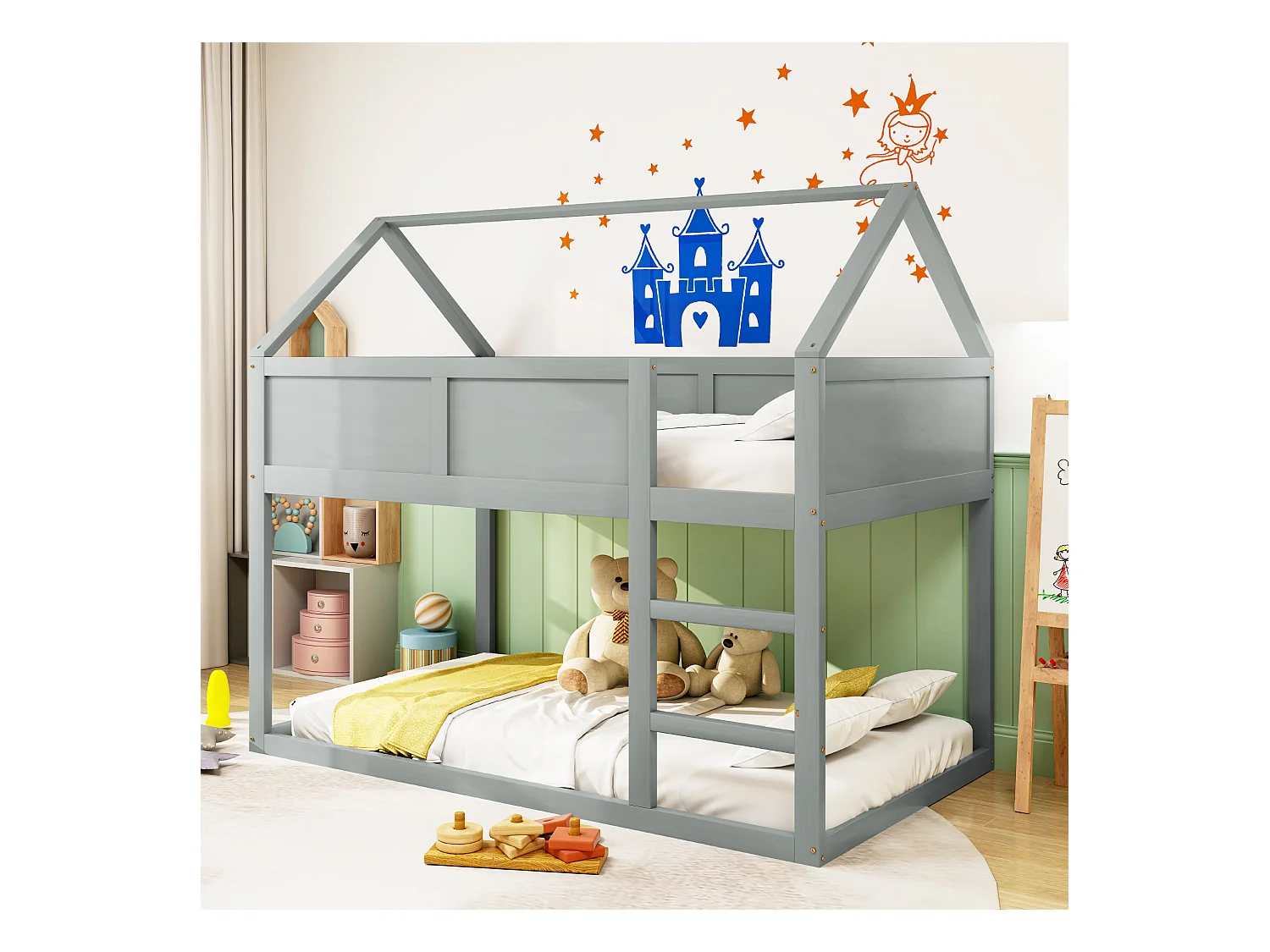 Lit superposé enfant 90x200 cm, lit simple bas, lit mezzanine avec échelle, bois massif, gris