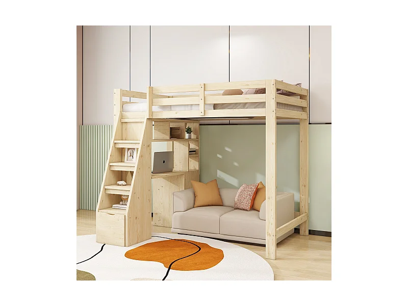 Lit mezzanine 90x200 cm, bureau avec étagères, échelle sécurité avec rangement, tiroirs, lit simple, bois massif, naturel