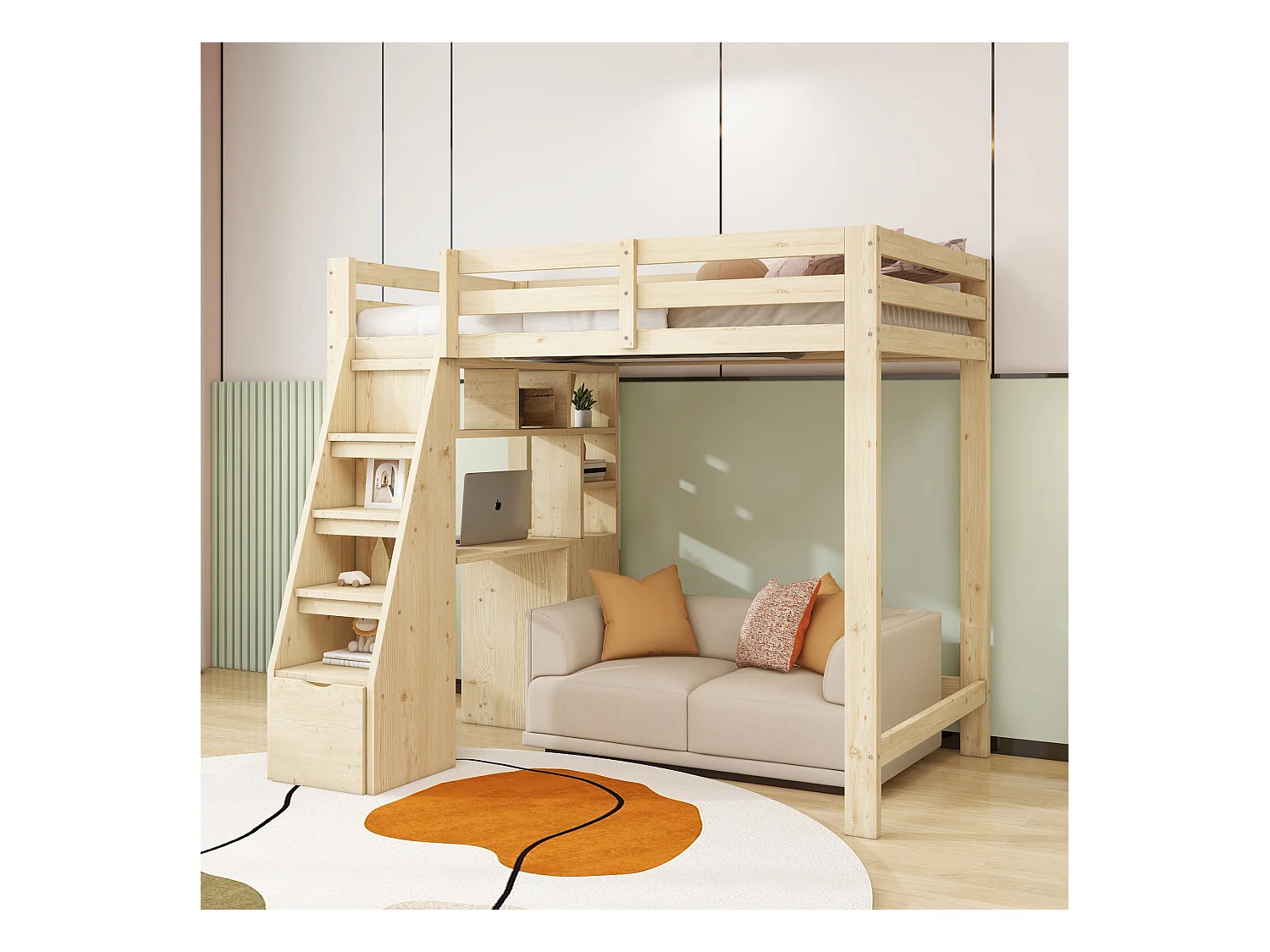 Lit mezzanine 90x200 cm, bureau avec étagères, échelle sécurité avec rangement, tiroirs, lit simple, bois massif, naturel