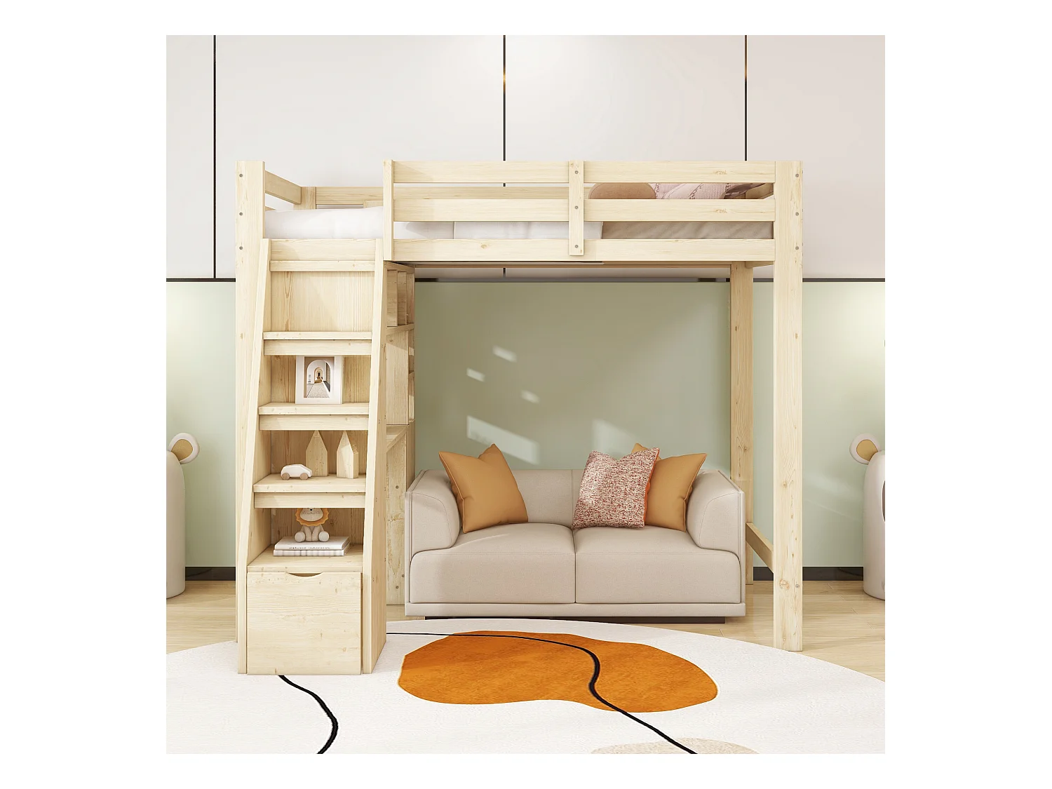 Lit mezzanine 90x200 cm, bureau avec étagères, échelle sécurité avec rangement, tiroirs, lit simple, bois massif, naturel