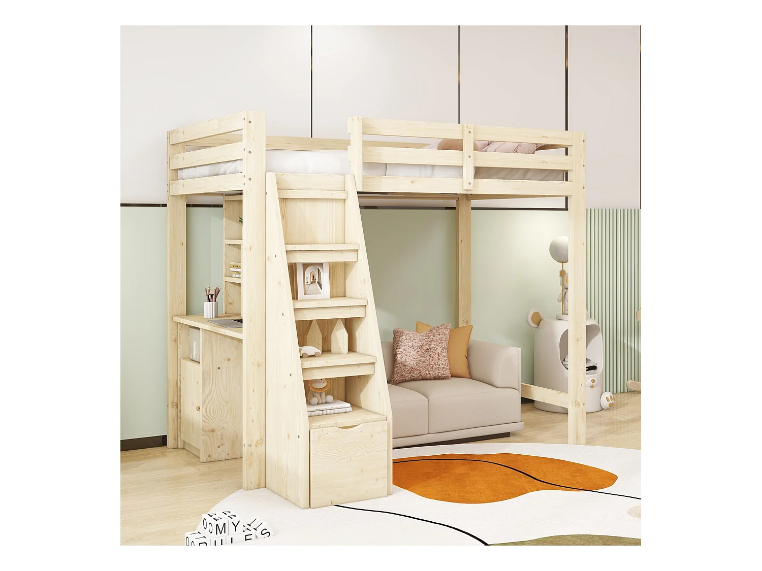 Lit mezzanine 90x200 cm, bureau avec étagères, échelle sécurité avec rangement, tiroirs, lit simple, bois massif, naturel