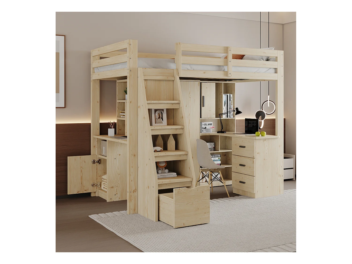 Lit mezzanine 90x200 cm, bureau avec étagères, échelle sécurité avec rangement, tiroirs, lit simple, bois massif, naturel