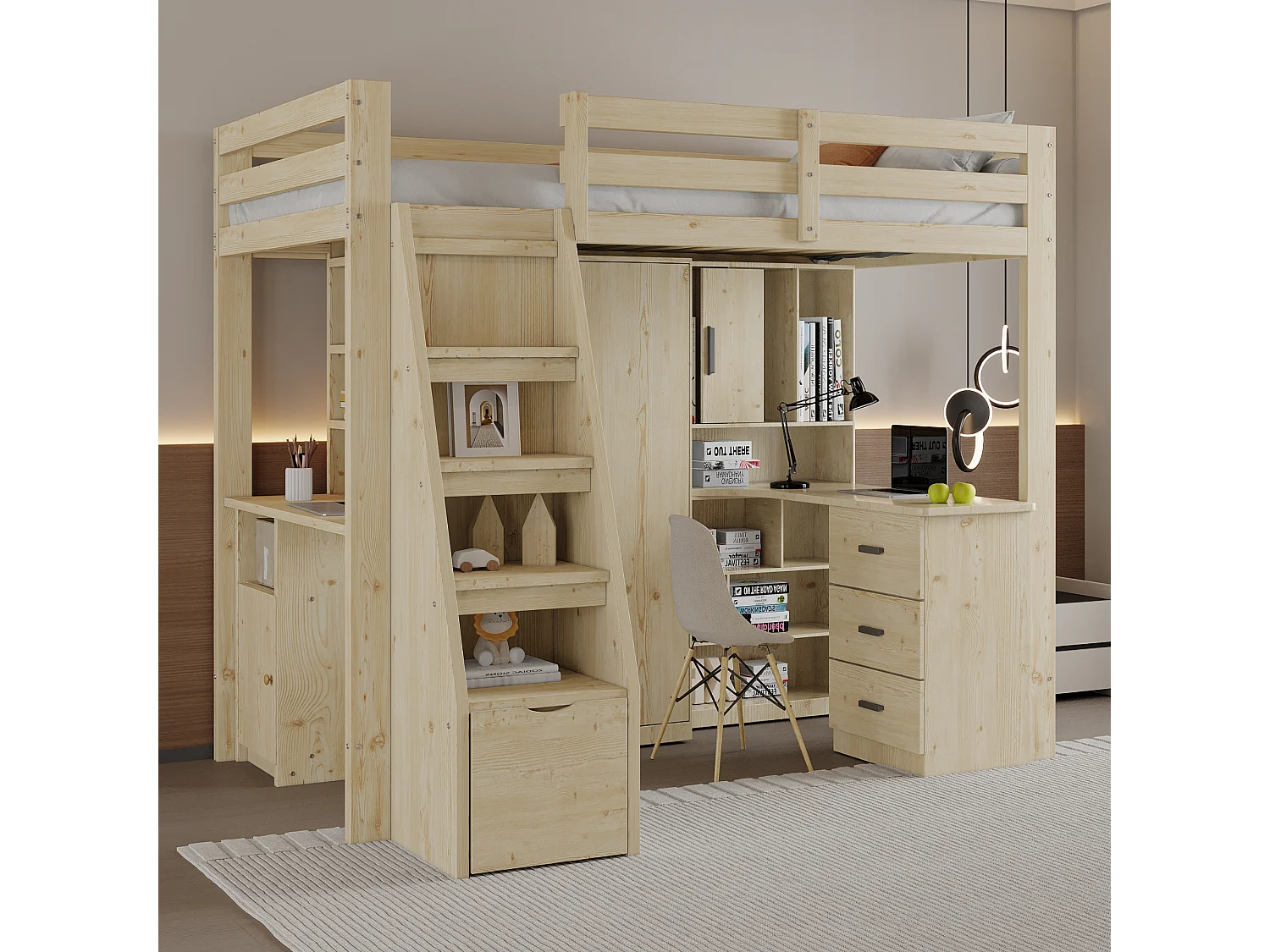 Lit mezzanine 90x200 cm, bureau avec étagères, échelle sécurité avec rangement, tiroirs, lit simple, bois massif, naturel