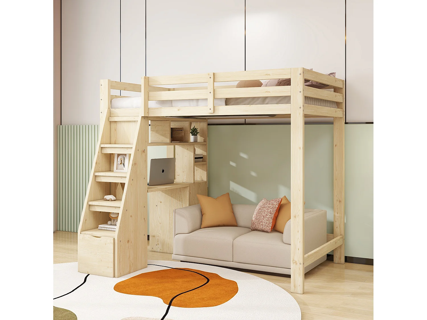 Lit mezzanine 90x200 cm, bureau avec étagères, échelle sécurité avec rangement, tiroirs, lit simple, bois massif, naturel