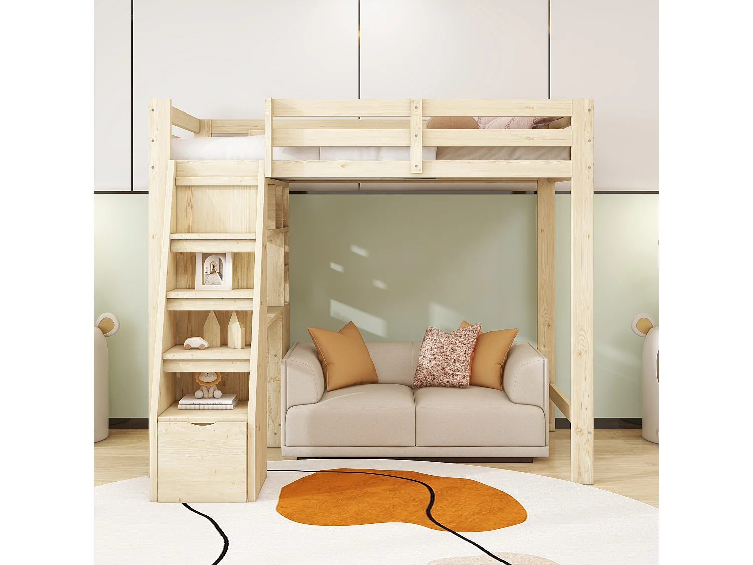 Lit mezzanine 90x200 cm, bureau avec étagères, échelle sécurité avec rangement, tiroirs, lit simple, bois massif, naturel