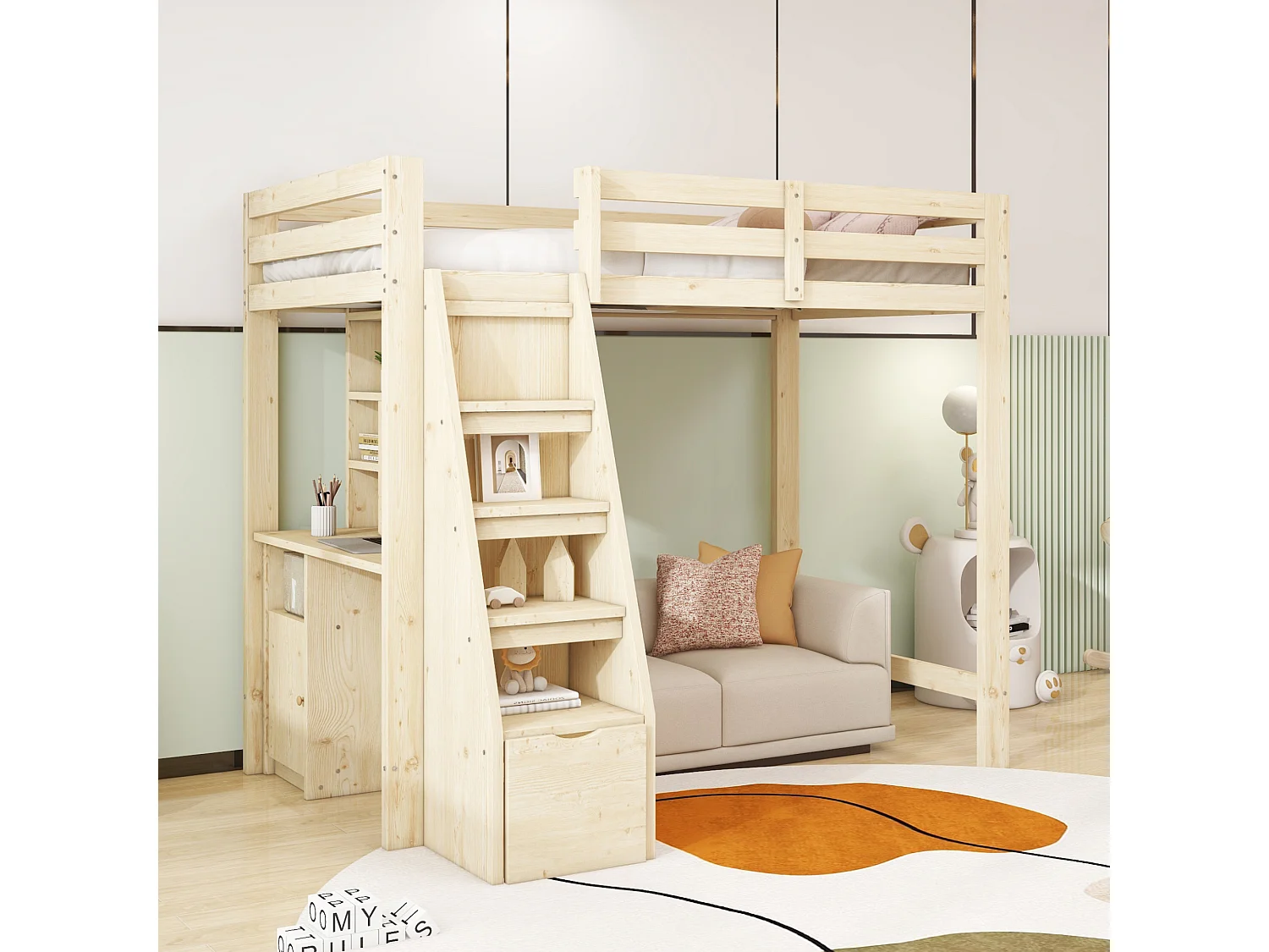 Lit mezzanine 90x200 cm, bureau avec étagères, échelle sécurité avec rangement, tiroirs, lit simple, bois massif, naturel