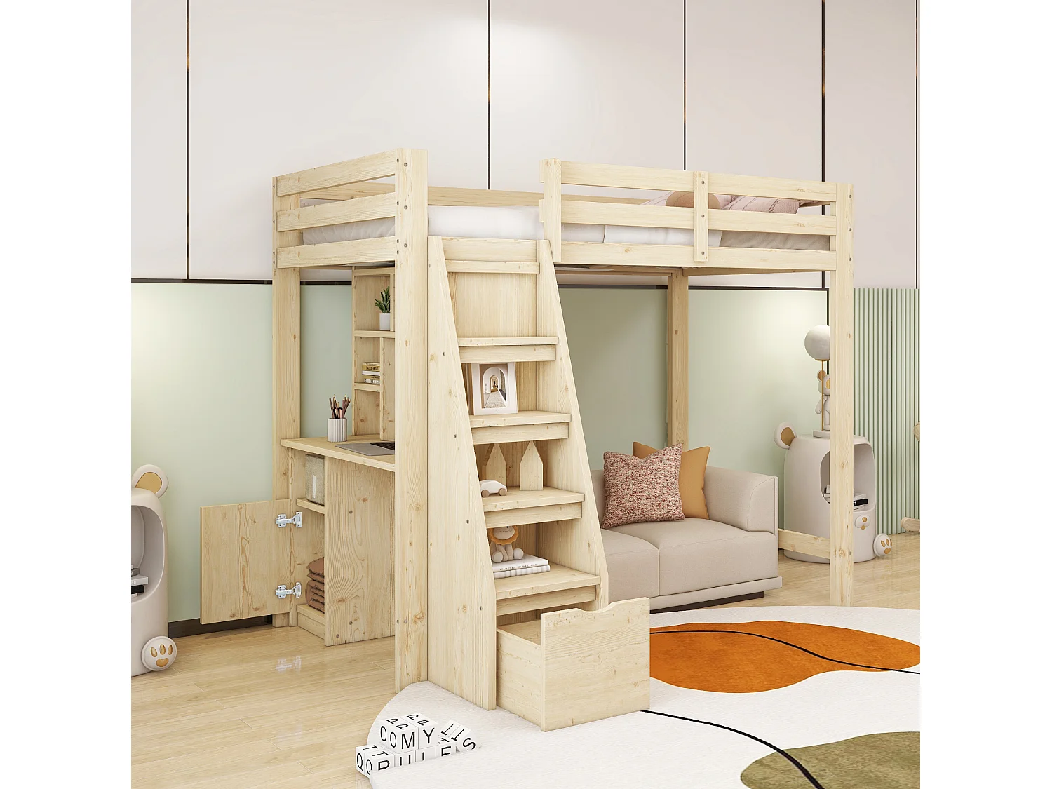 Lit mezzanine 90x200 cm, bureau avec étagères, échelle sécurité avec rangement, tiroirs, lit simple, bois massif, naturel