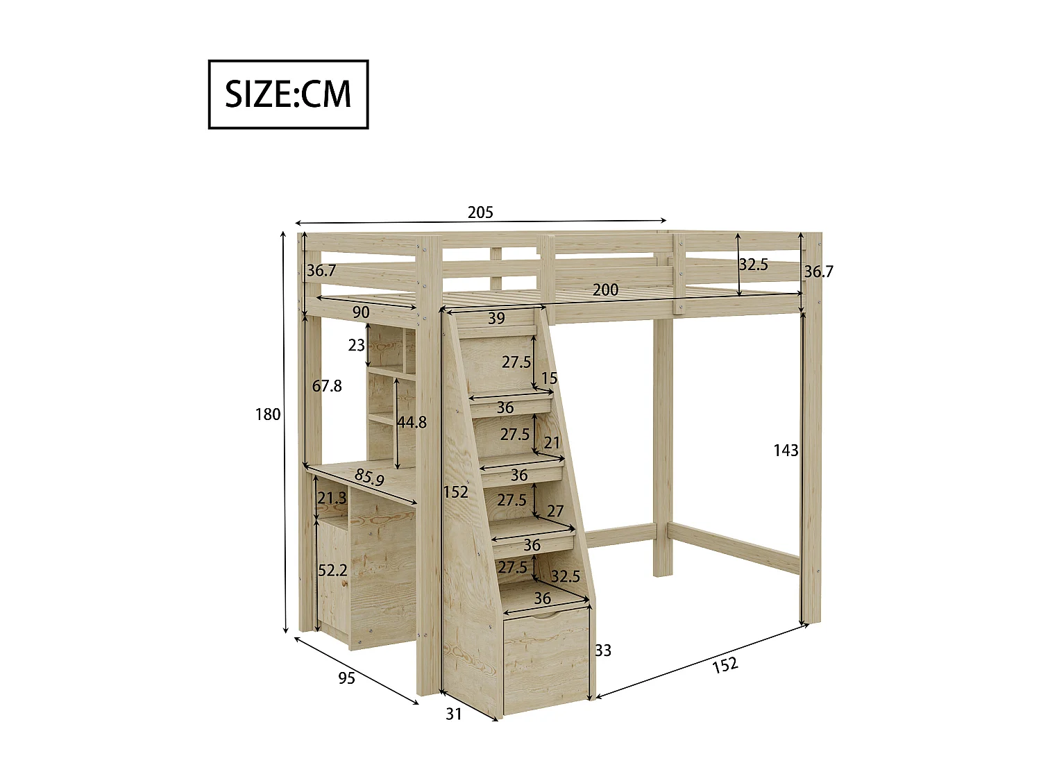 Lit mezzanine 90x200 cm, bureau avec étagères, échelle sécurité avec rangement, tiroirs, lit simple, bois massif, naturel