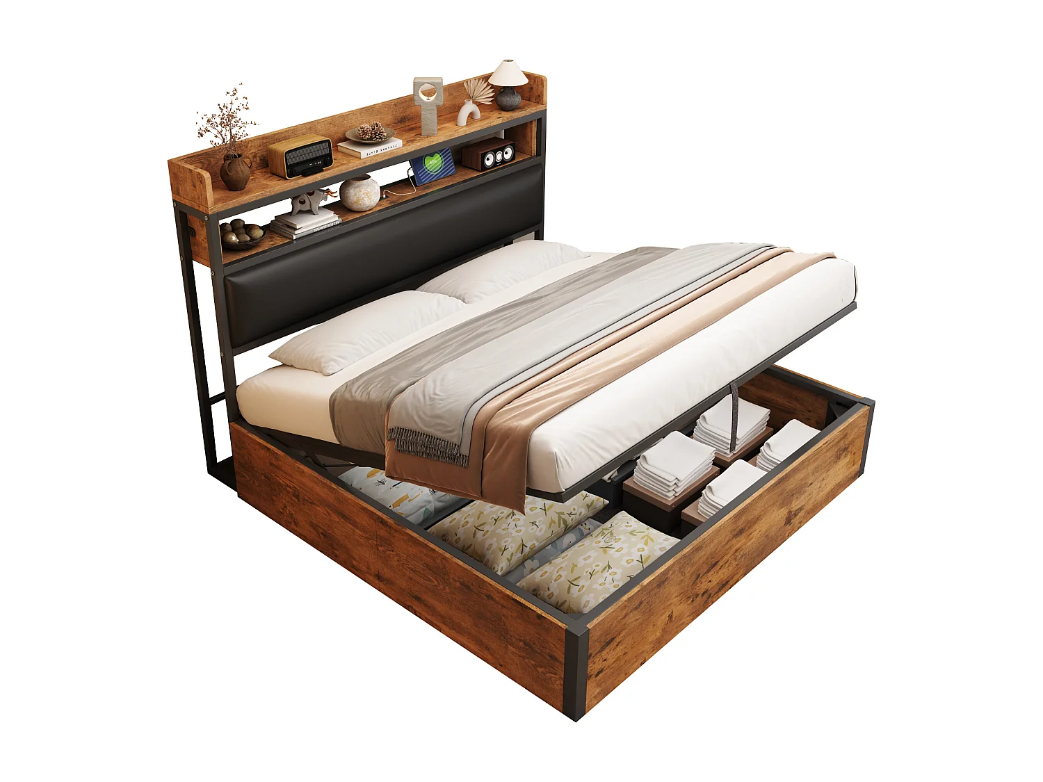 Lit 180x200 cm, cadre avec levage hydraulique, USB, tête rembourrée, design bois et métal, rangement caché, lit double, noir