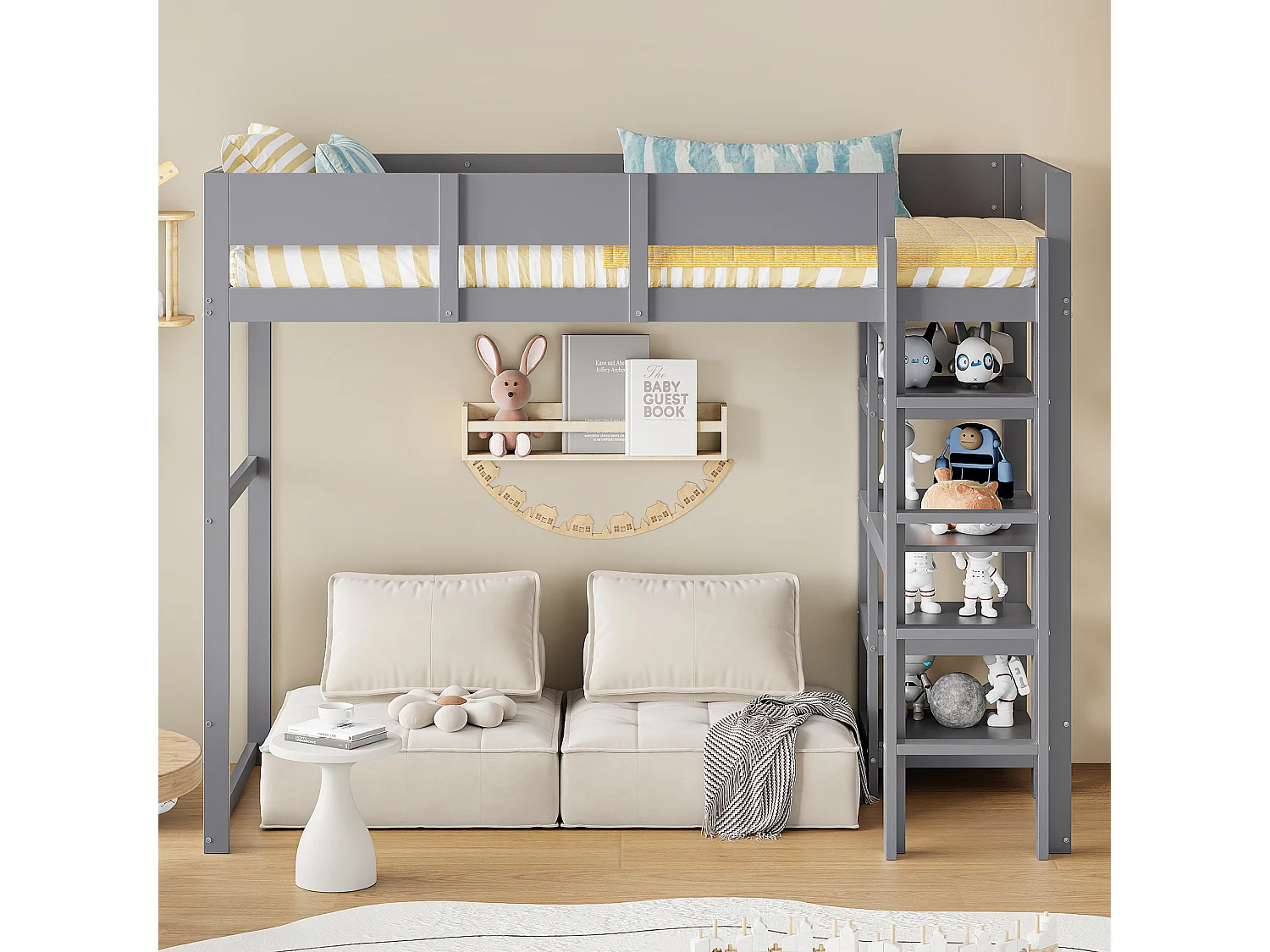 Lit mezzanine 90x200 cm en pin massif gris avec étagère et sommier à lattes, lit pour enfants et ados
