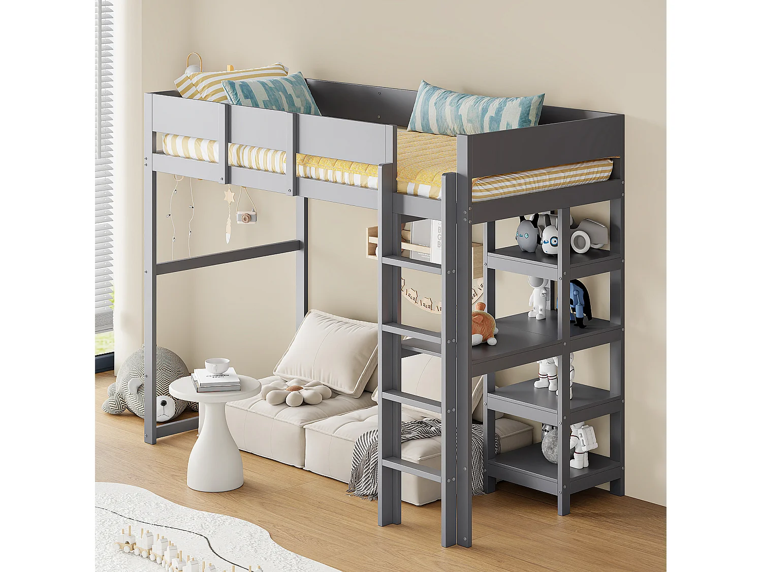 Lit mezzanine 90x200 cm en pin massif gris avec étagère et sommier à lattes, lit pour enfants et ados