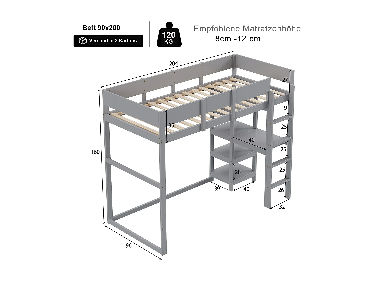 Lit mezzanine 90x200 cm en pin massif gris avec étagère et sommier à lattes, lit pour enfants et ados