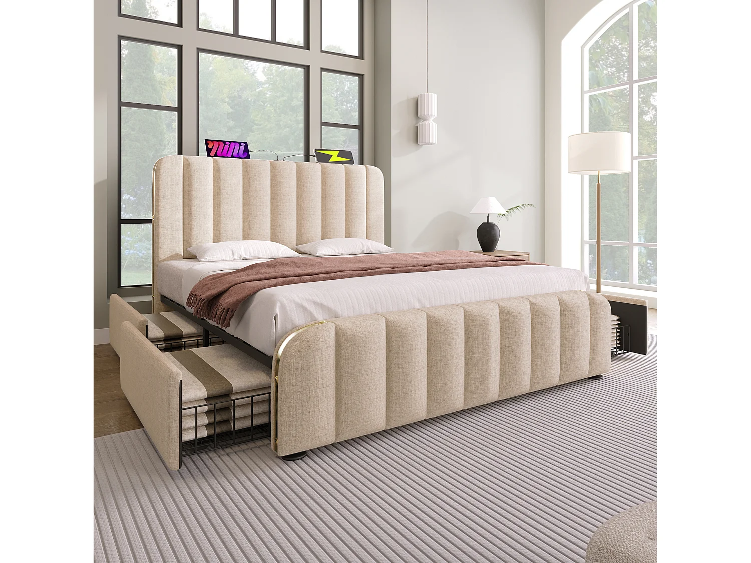 Lit tapissé 160x200 cm double, tête avec liseré doré, USB-C, 4 tiroirs, tissu lin beige, charge 200 kg (Avec matelas)