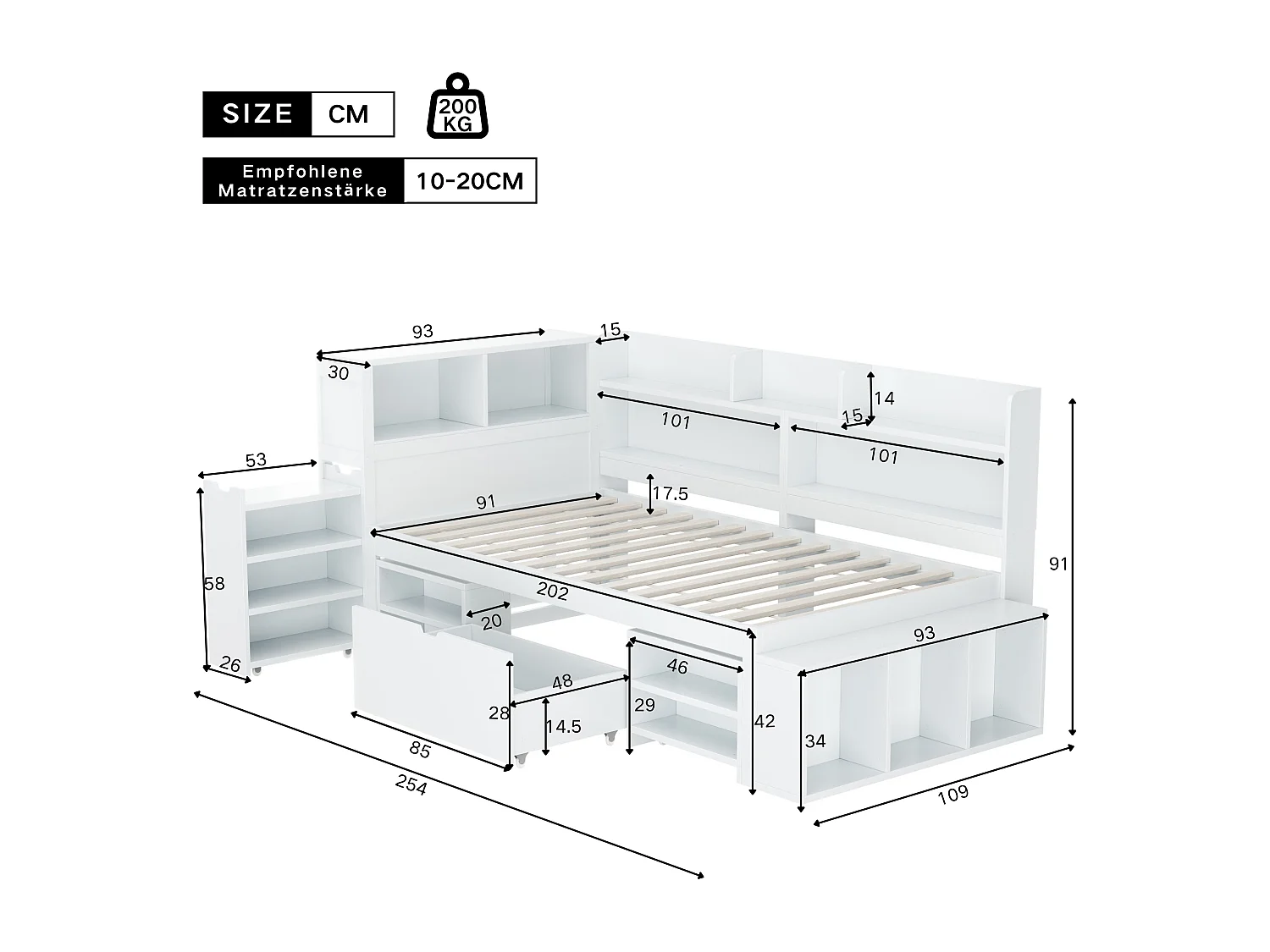 Lit simple 90×200 cm blanc, bois, avec tiroirs, étagère et armoire, lit enfant multifonction avec grand rangement