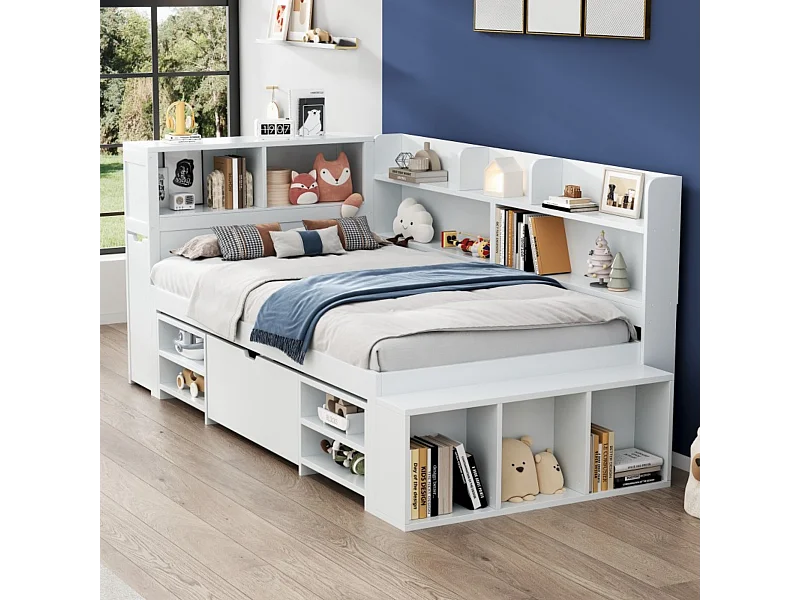 Lit simple 90×200 cm blanc, bois, avec tiroirs, étagère et armoire, lit enfant multifonction avec grand rangement