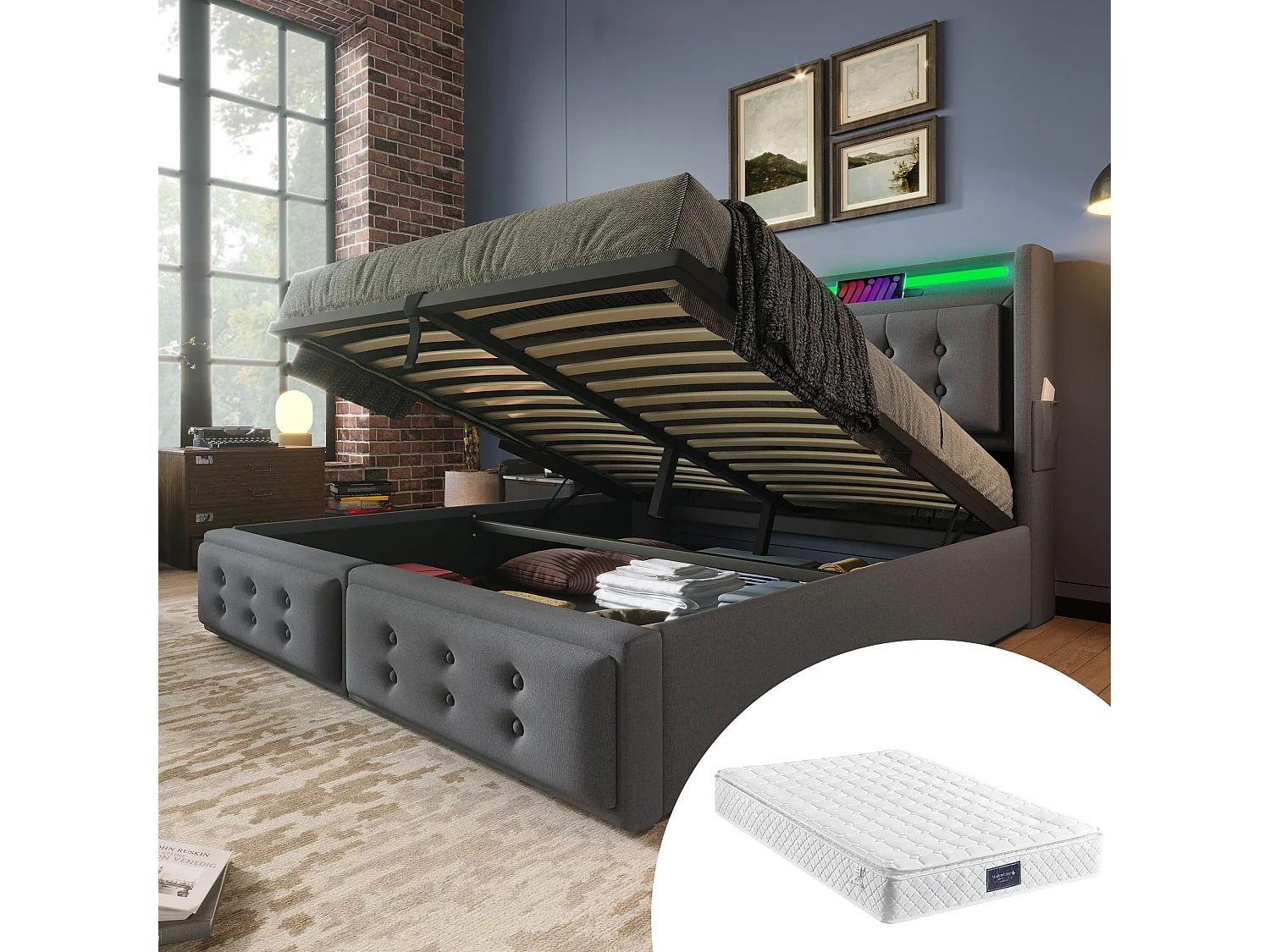 Lit tapissé 160x200 cm double, LED tête, USB-C, hydraulique, cadre bois et métal, coton gris, charge 300 kg (Avec matelas)