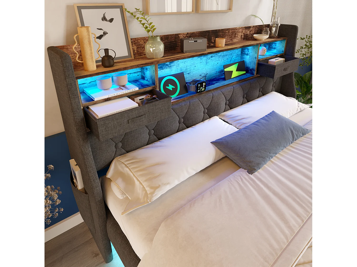 Lit tapissé 140x200 cm flottant avec LED, rangement tête, 1 Type-C et 3 USB, tissu lin gris, double (Avec matelas)