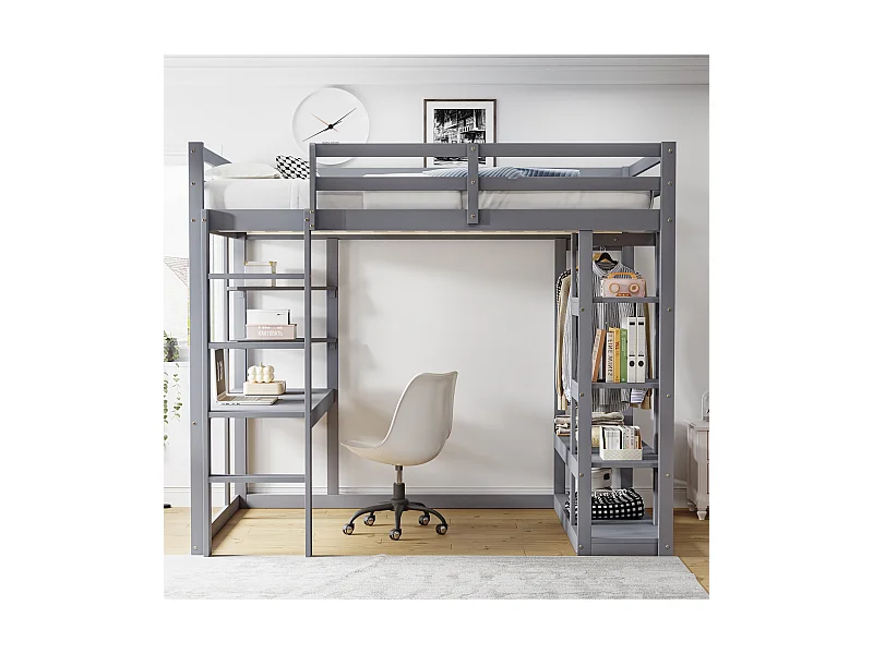 Lit mezzanine bois massif 140x200 cm, avec échelle, table et étagères, supports simples et plan laminé, lit enfant, lit junior, lit double, gris
