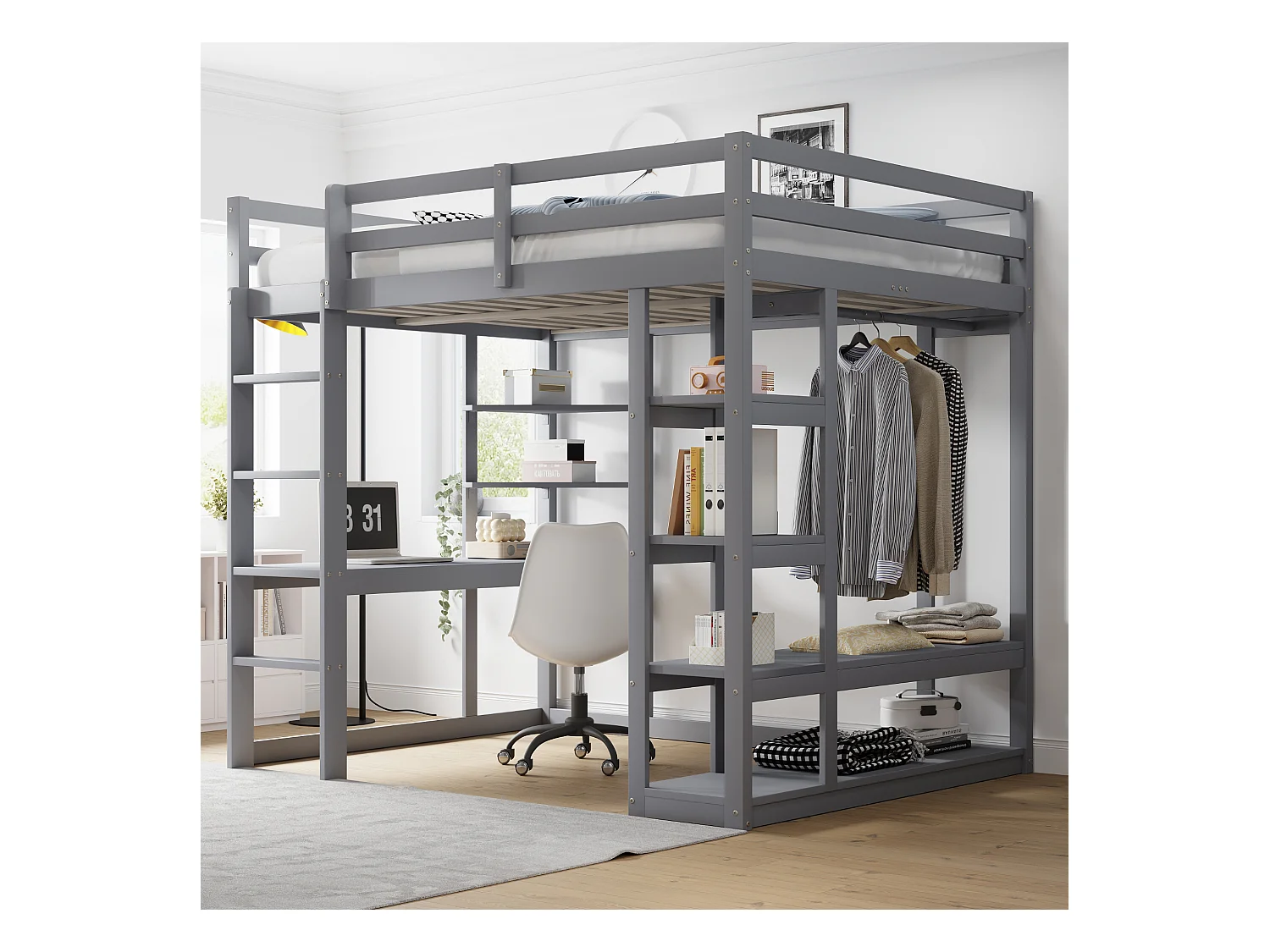 Lit mezzanine bois massif 140x200 cm, avec échelle, table et étagères, supports simples et plan laminé, lit enfant, lit junior, lit double, gris