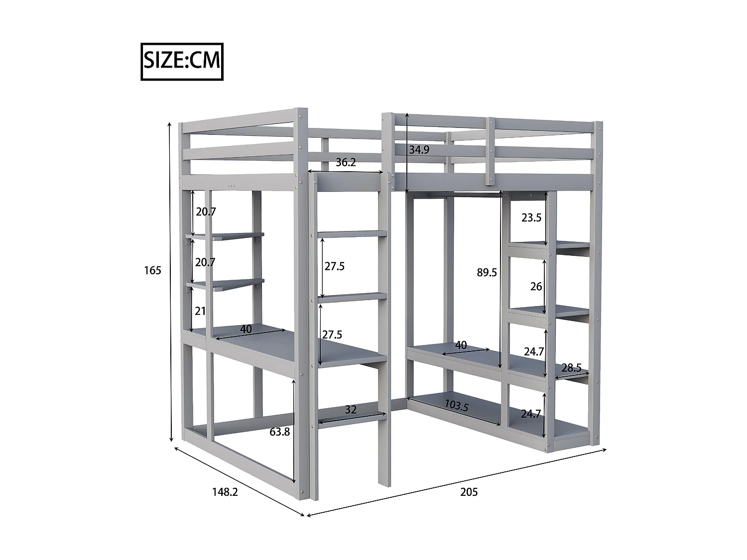 Lit mezzanine bois massif 140x200 cm, avec échelle, table et étagères, supports simples et plan laminé, lit enfant, lit junior, lit double, gris