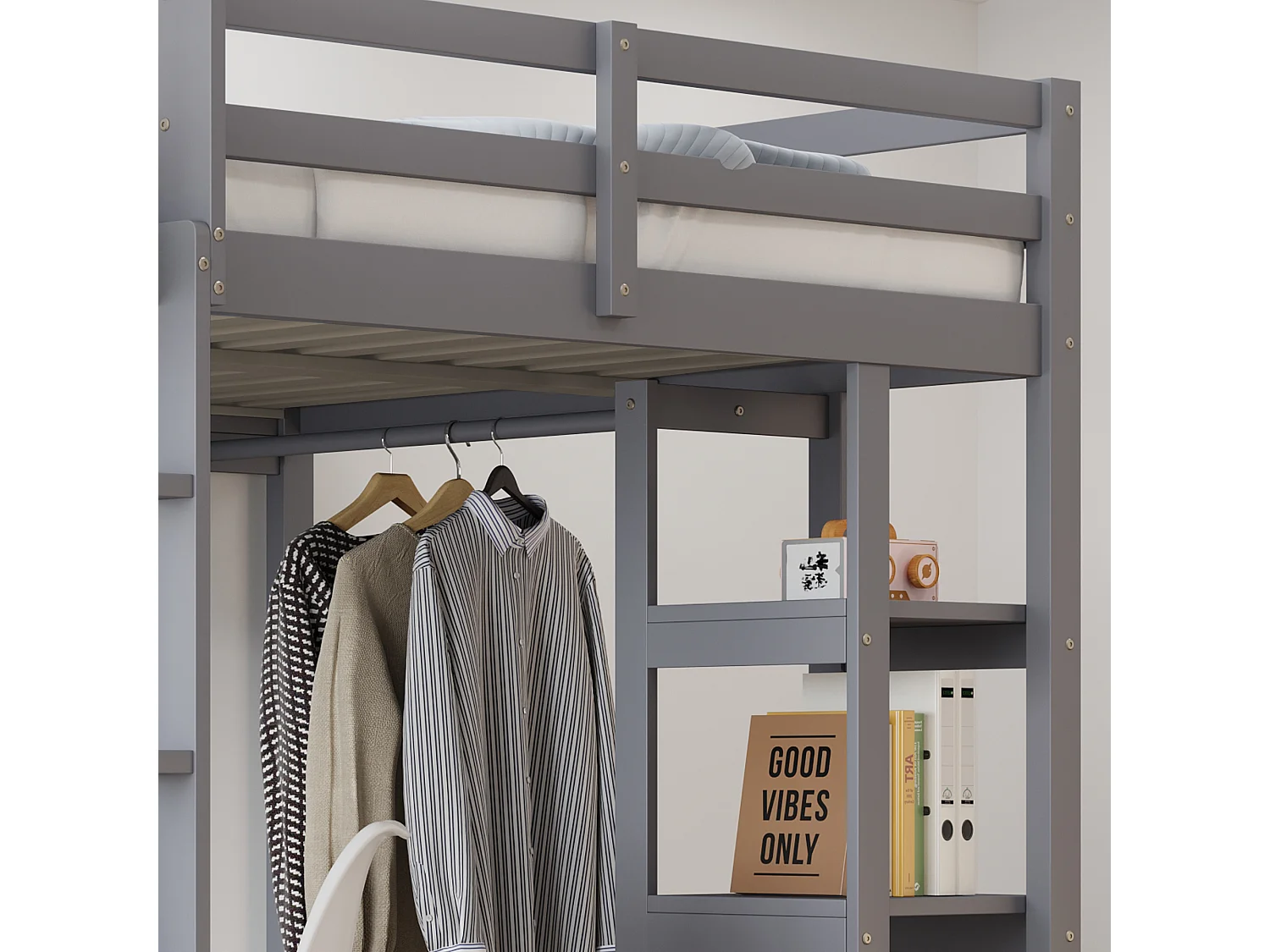 Lit mezzanine bois massif 140x200 cm, avec échelle, table et étagères, supports simples et plan laminé, lit enfant, lit junior, lit double, gris