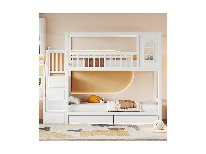 Lit cabane enfant 90x200 cm en bois massif blanc, avec garde-corps, tiroirs et échelle de sécurité