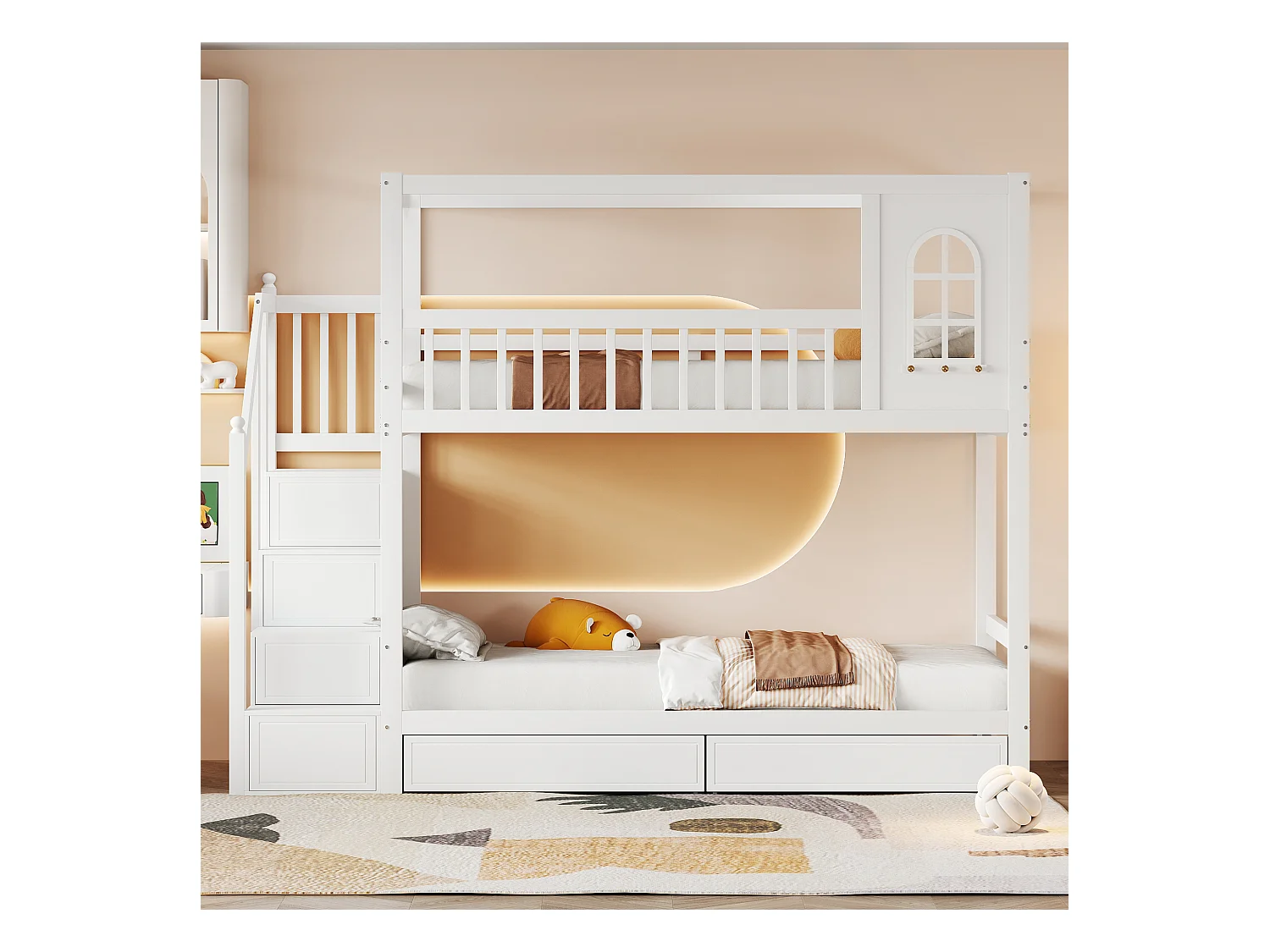 Lit cabane enfant 90x200 cm en bois massif blanc, avec garde-corps, tiroirs et échelle de sécurité