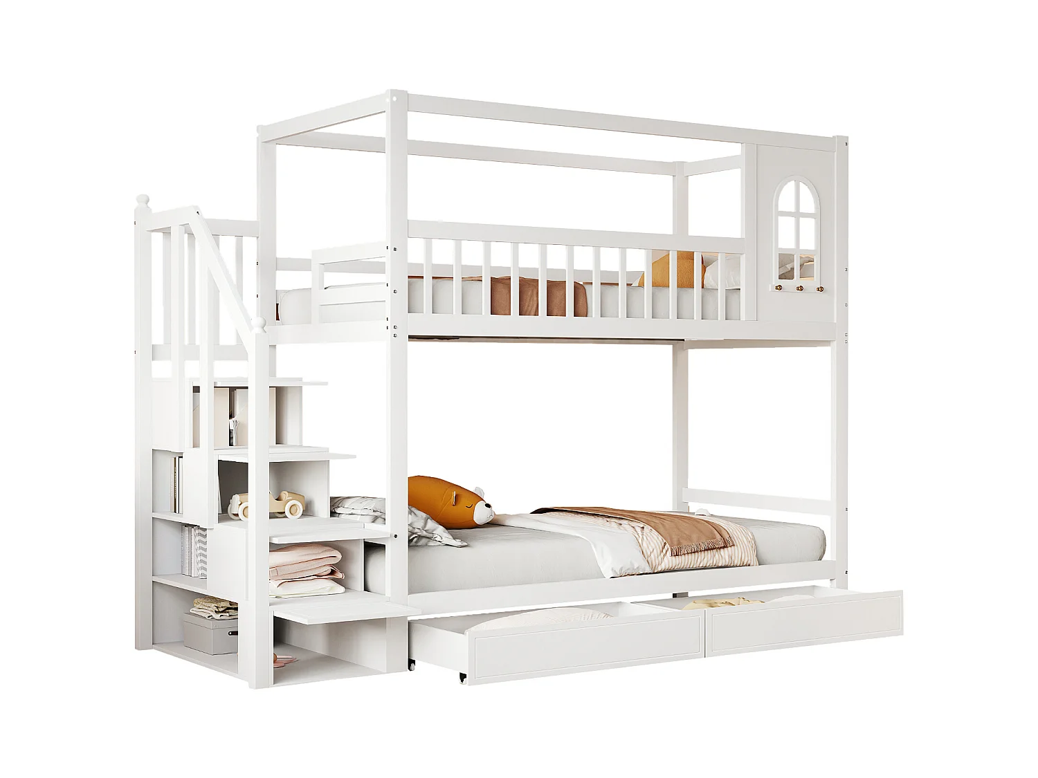 Lit cabane enfant 90x200 cm en bois massif blanc, avec garde-corps, tiroirs et échelle de sécurité