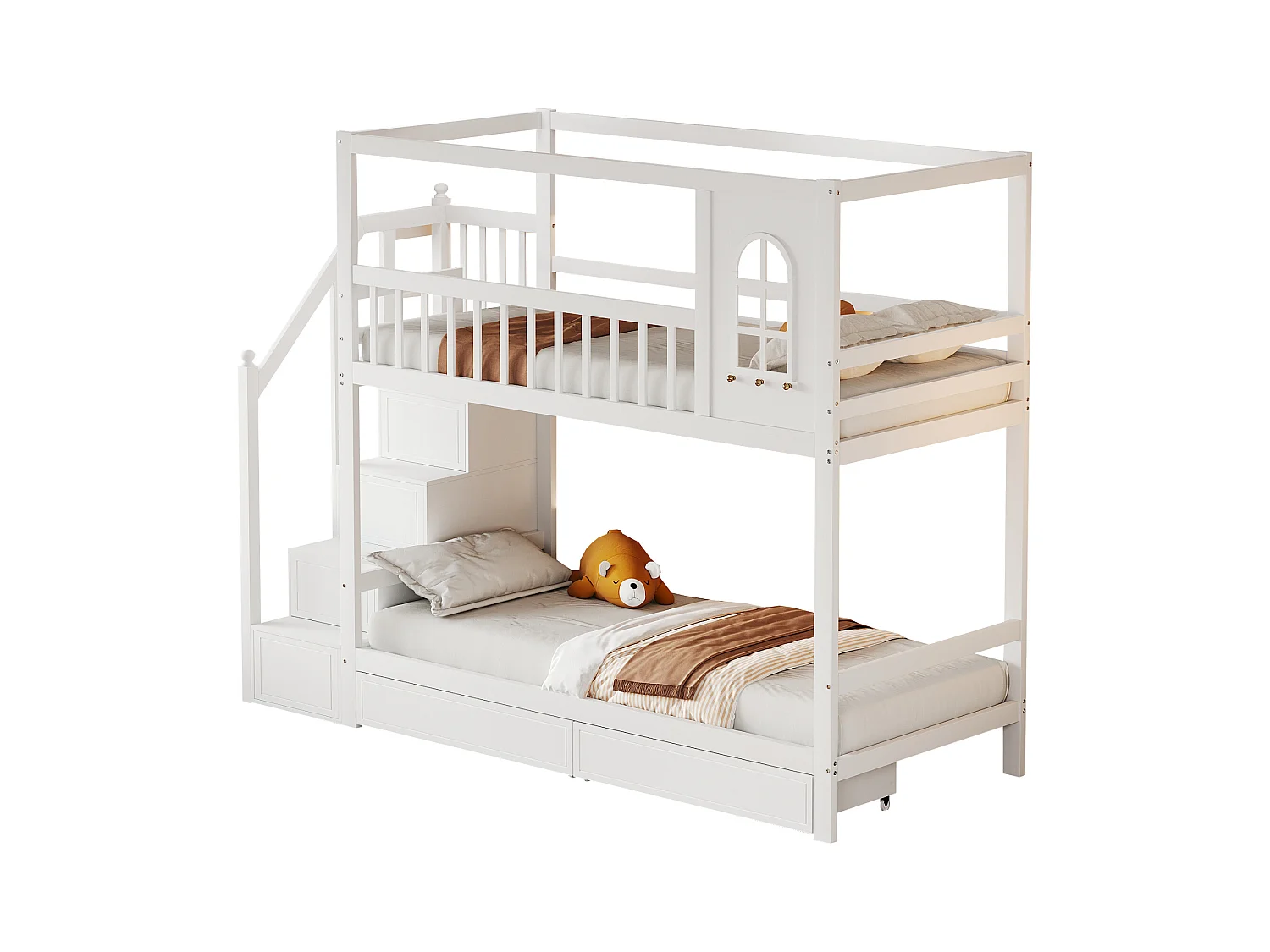 Lit cabane enfant 90x200 cm en bois massif blanc, avec garde-corps, tiroirs et échelle de sécurité